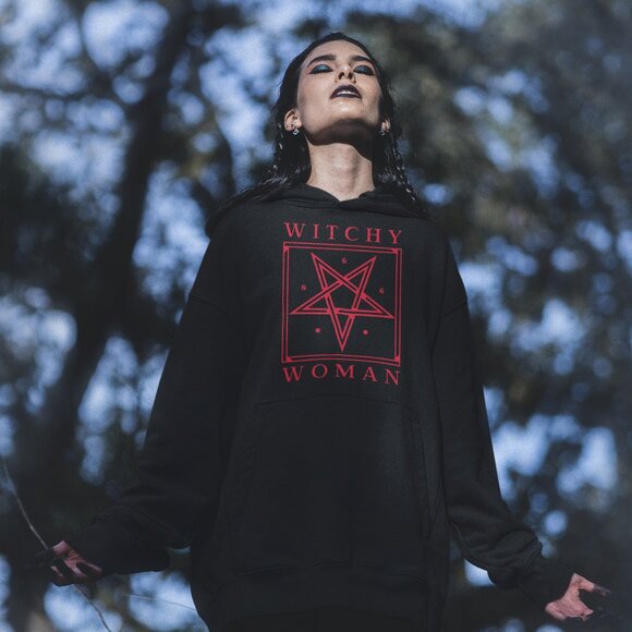 CCByMarie Tops - Handcrafted Occult 'Witchy Woman' Black Cotton Hoodie S - 3XL